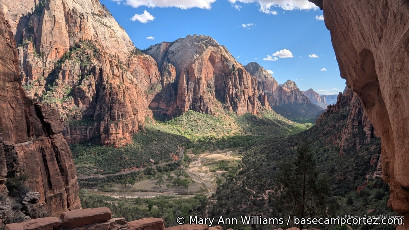 Zion Canyon viewed from Angels Landing trail - towering red sandstone walls and lush valley below
